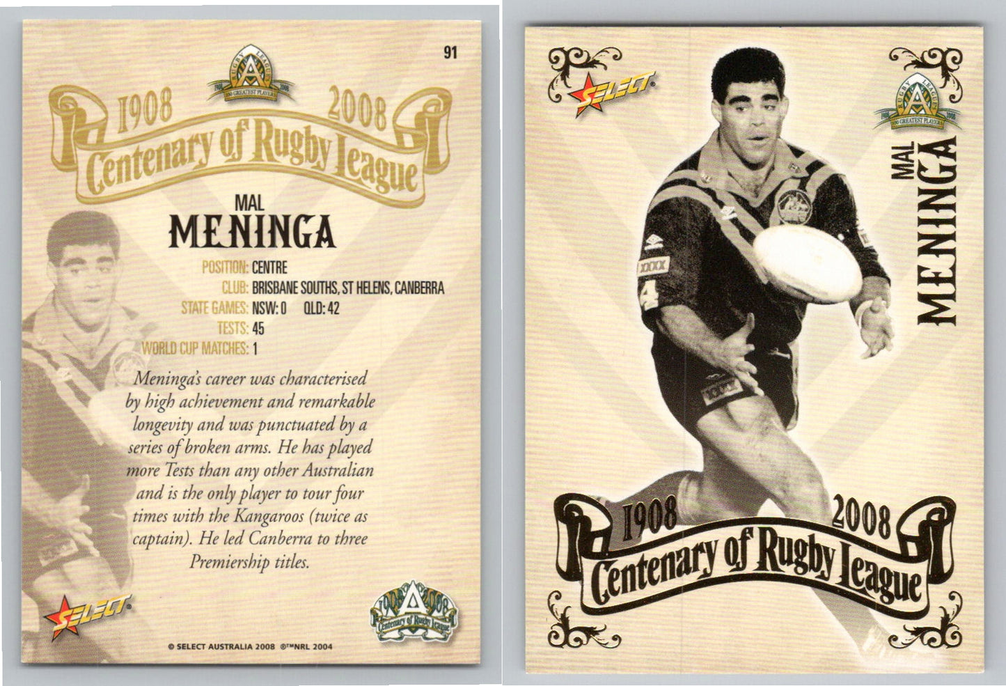 Card # 91 MAL MENINGA NRL Centenary of Rugby League