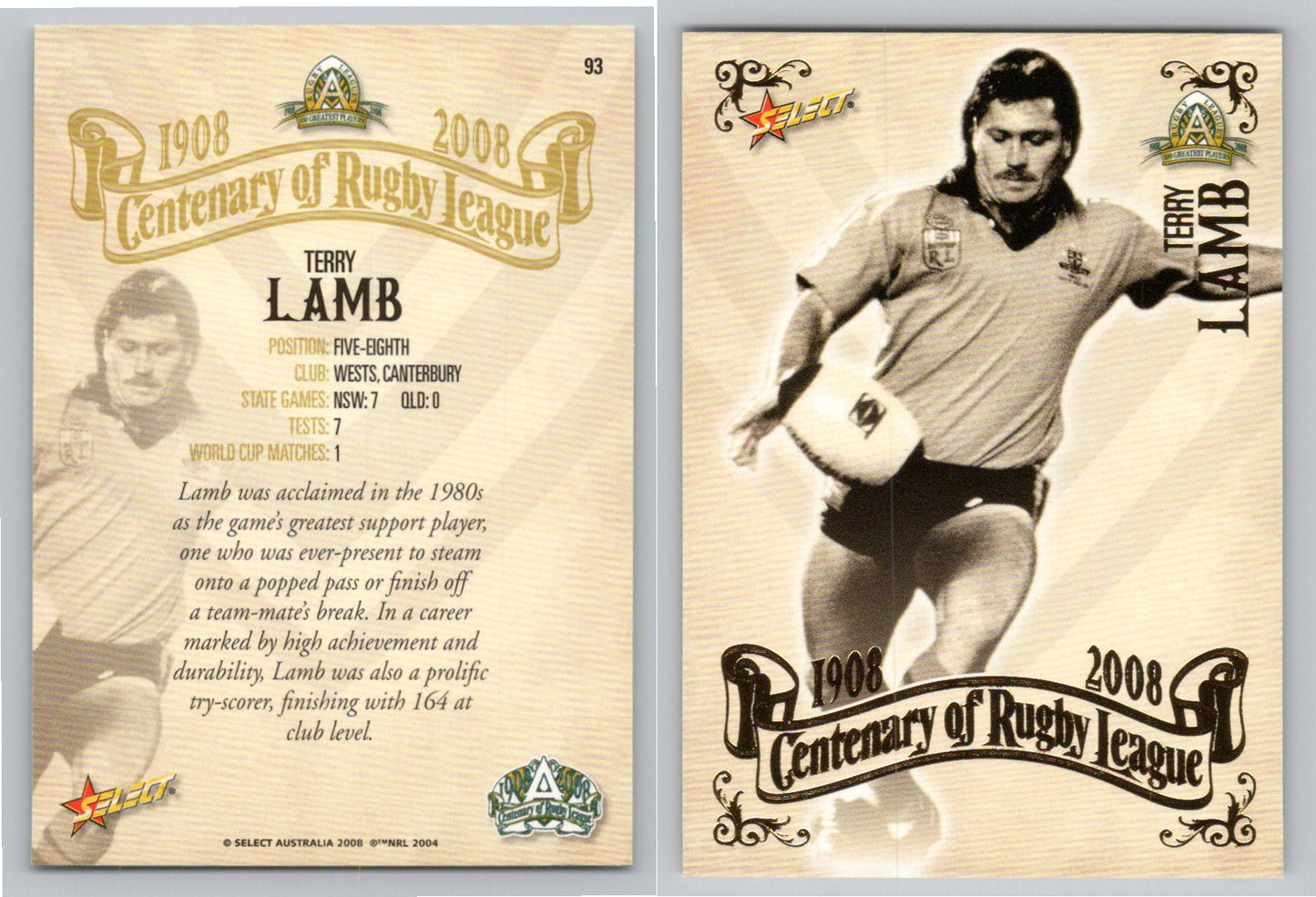 Card # 93 TERRY LAMB NRL Centenary of Rugby League