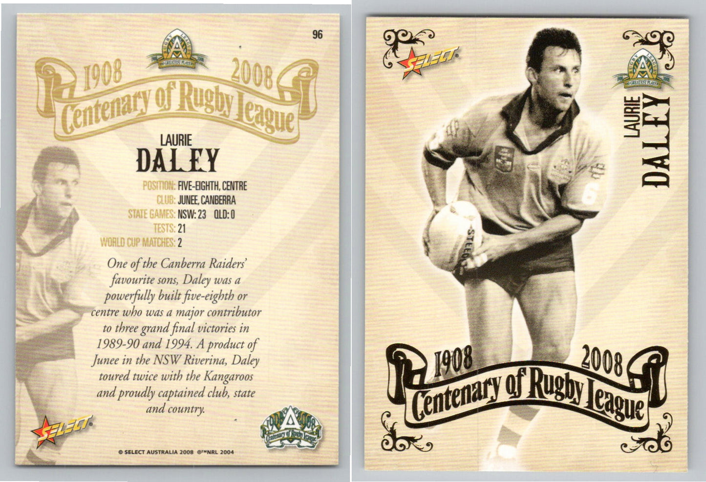 Card # 96 LAURIE DALEY NRL Centenary of Rugby League