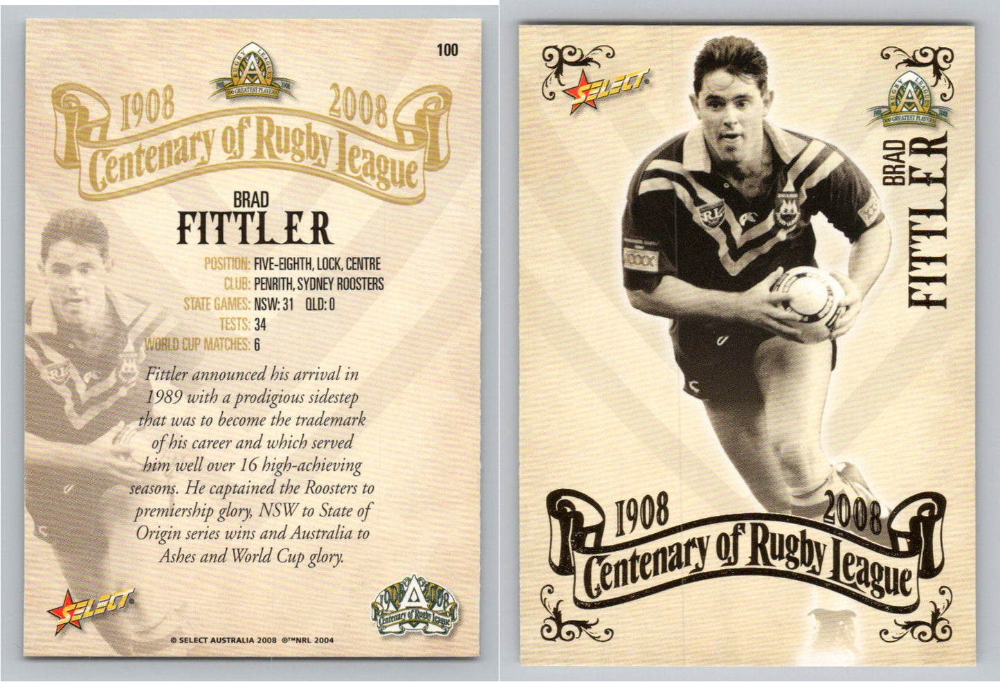 Card # 100 BRAD FITTLER NRL Centenary of Rugby League