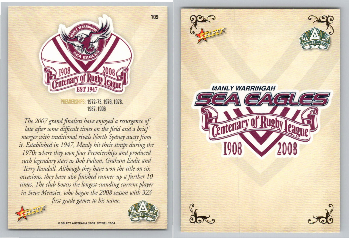 Card # 109 MANLY SEA EAGLES NRL Centenary of Rugby League