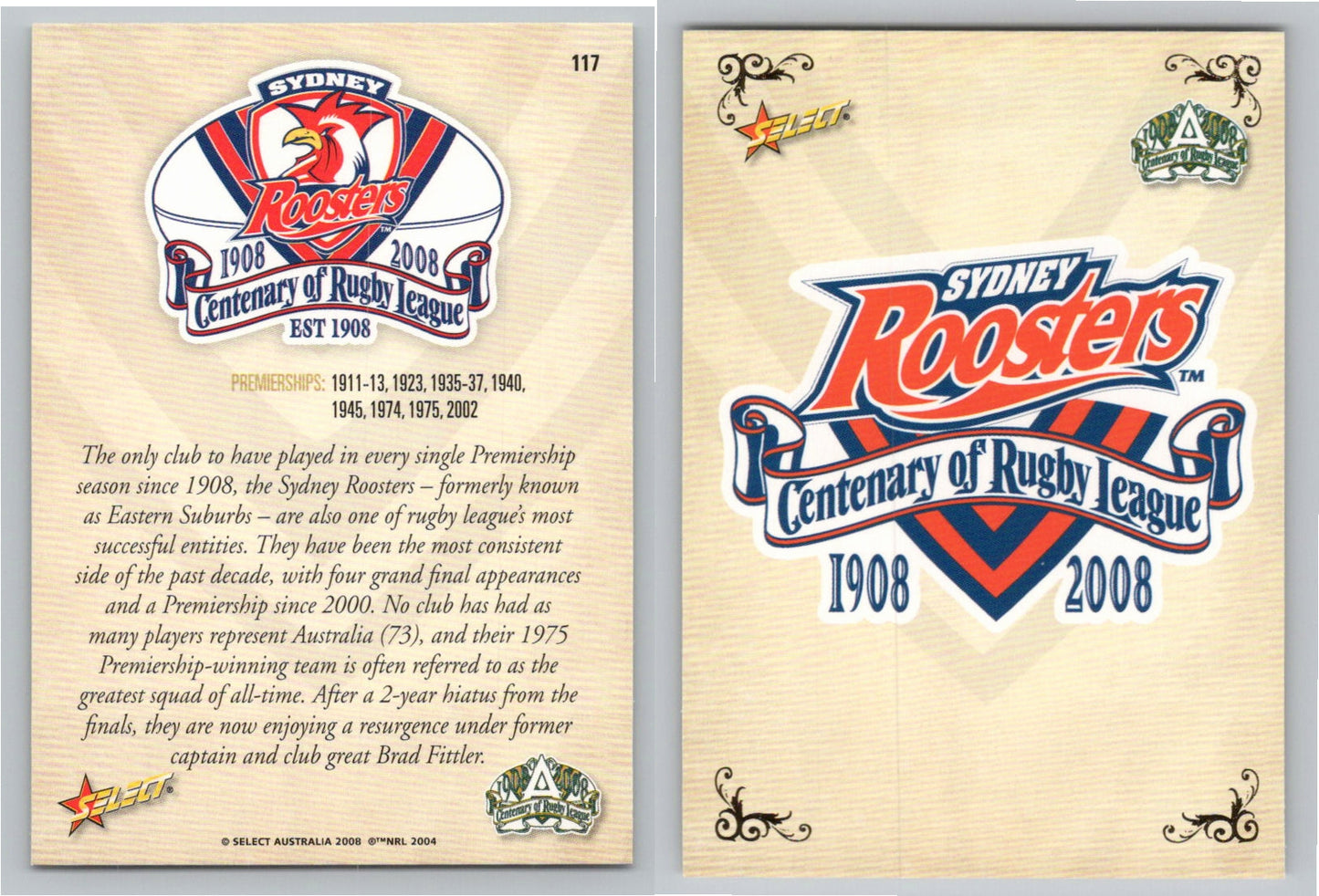 Card # 117 SYDNEY ROOSTERS NRL Centenary of Rugby League