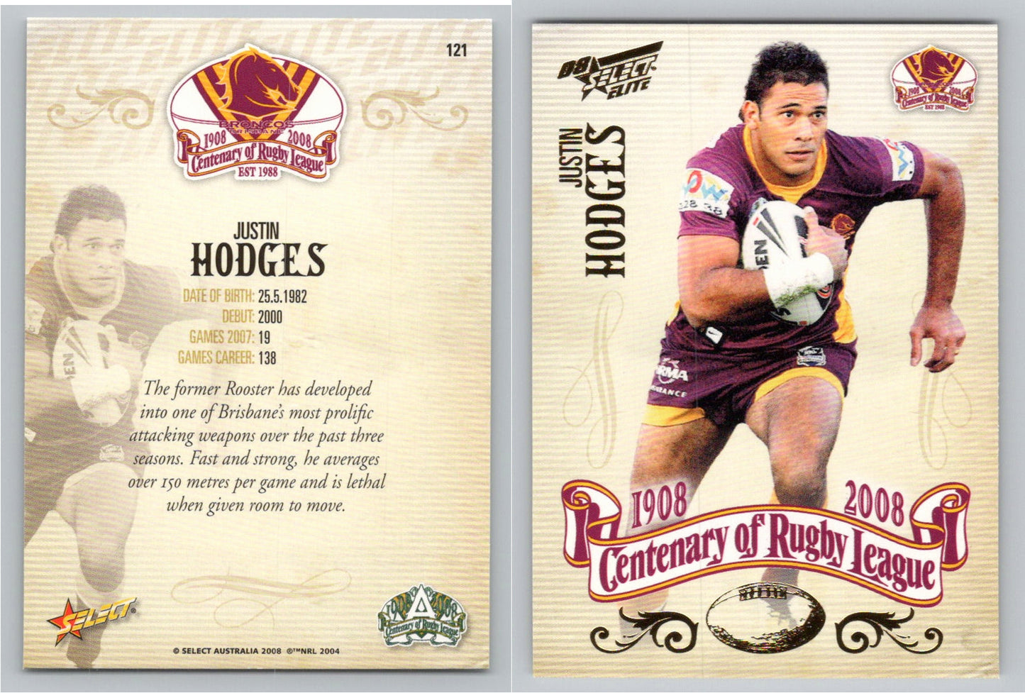 Card # 121 JUSTIN HODGES NRL Centenary of Rugby League