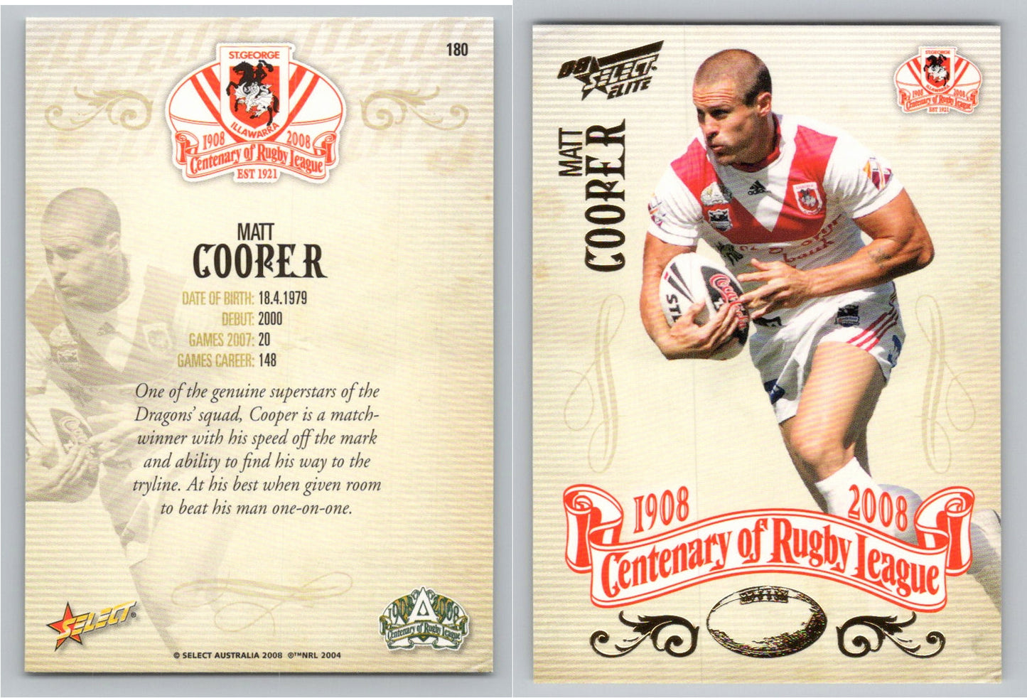 Card # 180 MATT COOPER NRL Centenary of Rugby League