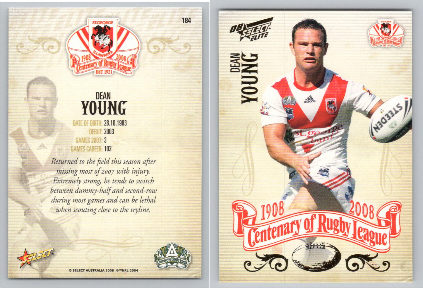 Card # 184 DEAN YOUNG NRL Centenary of Rugby League