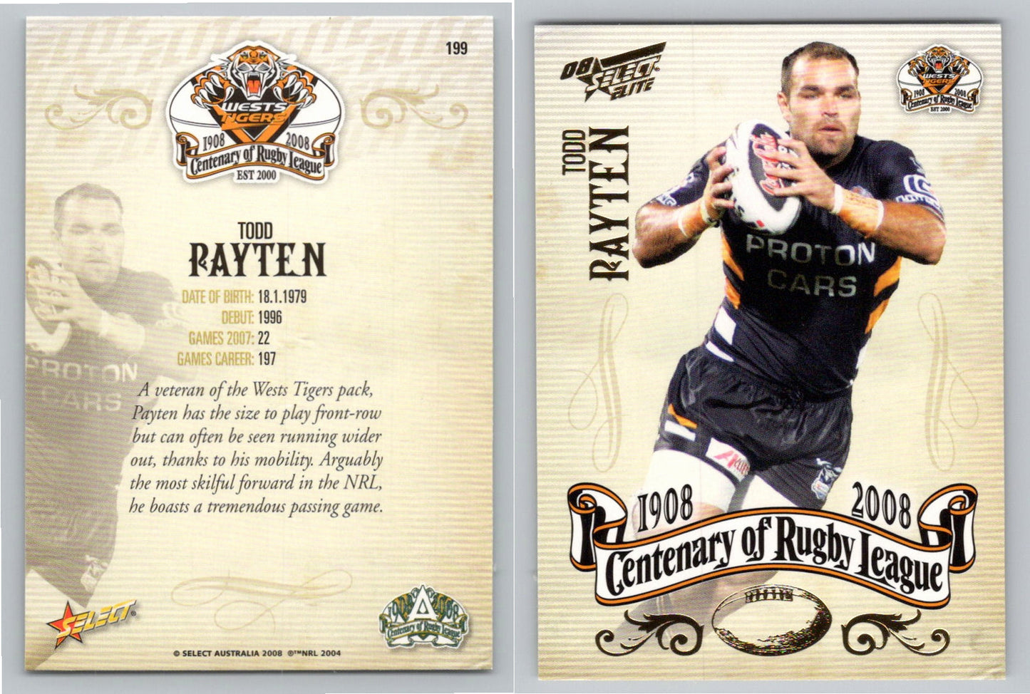 Card # 199 TODD PAYTEN NRL Centenary of Rugby League