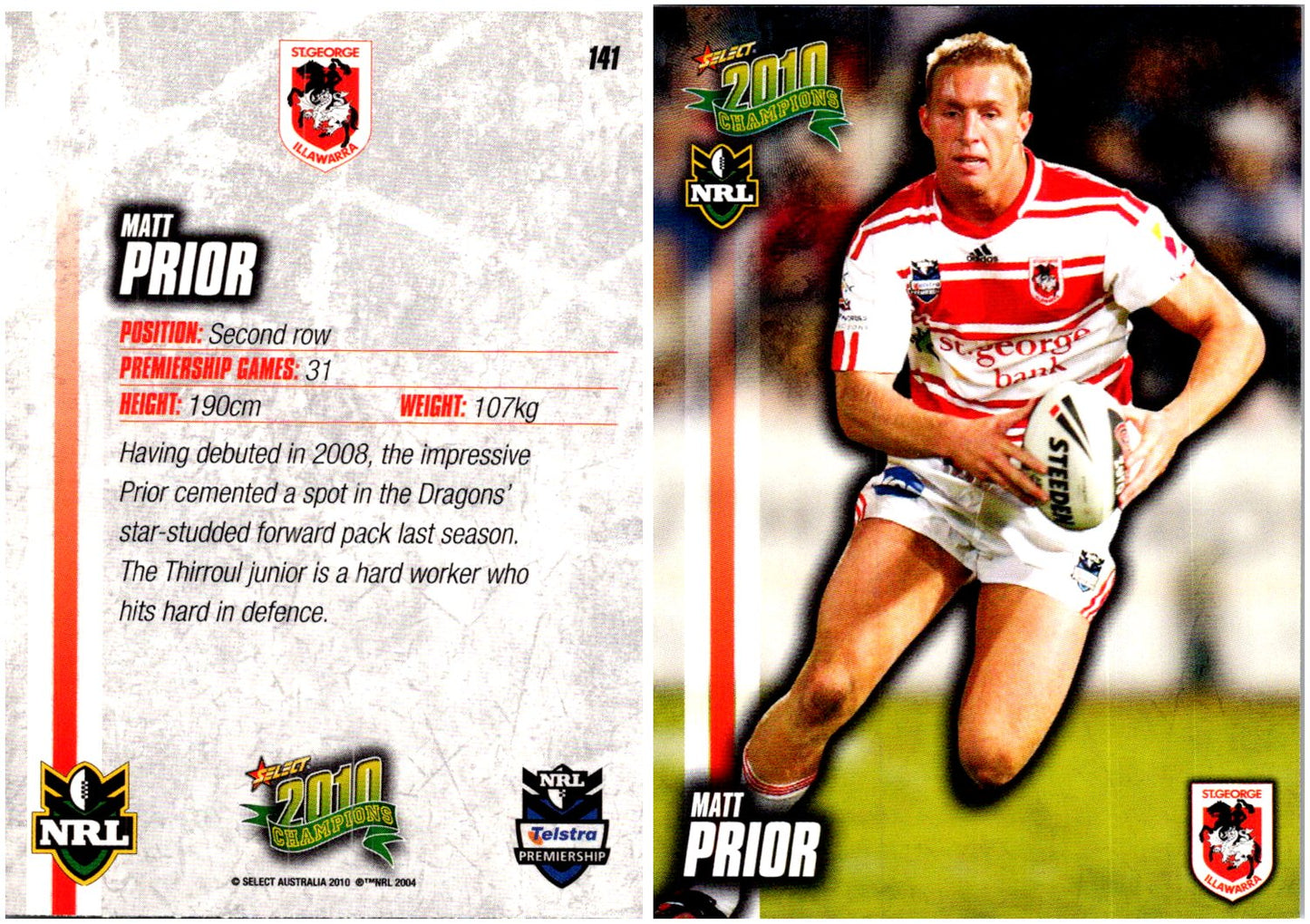 Card # 141 Matt Prior NRL 2010 Champions