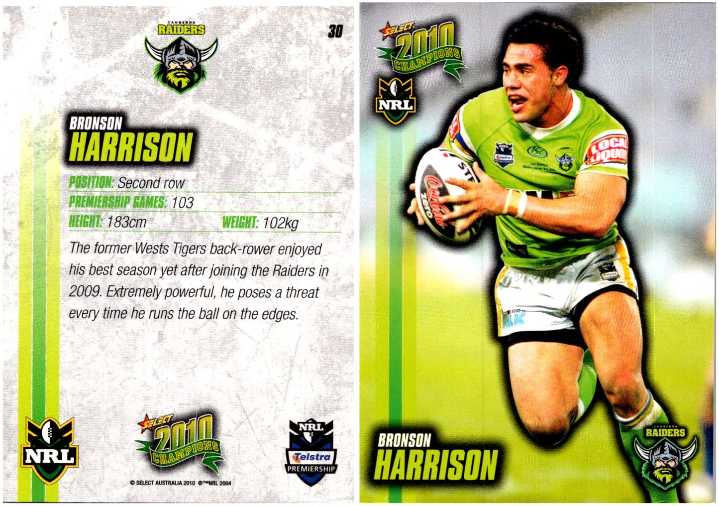 Card # 030 Bronson Harrison NRL 2010 Champions