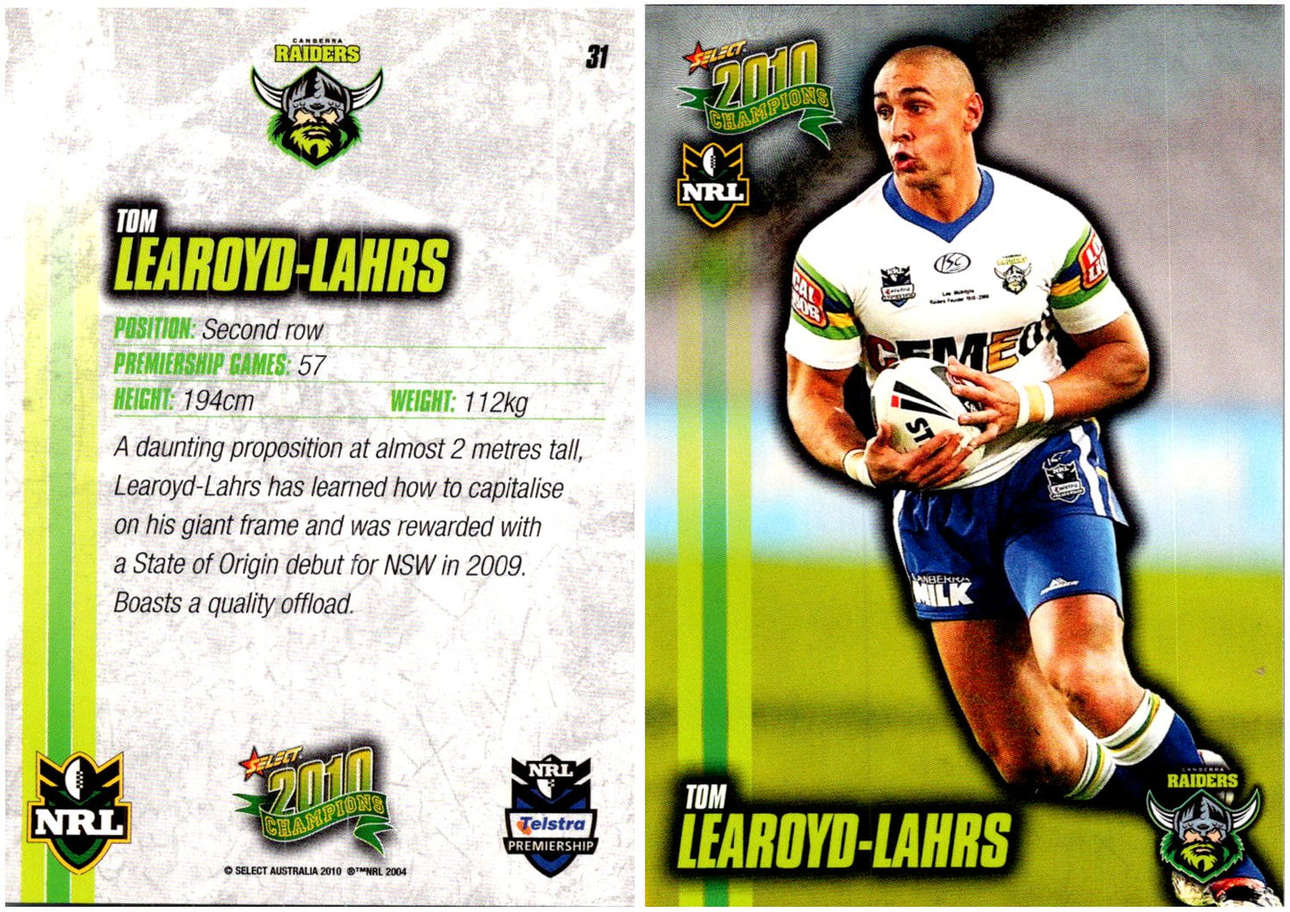Card # 031 Tom Learoyd-Lahrs NRL 2010 Champions