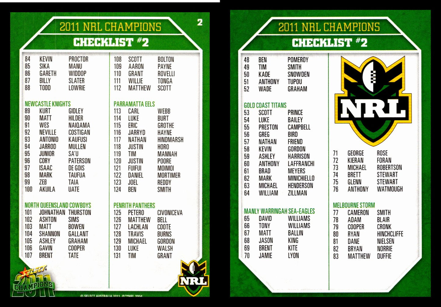 Card # 002 Checklist #2 NRL 2011 Champions