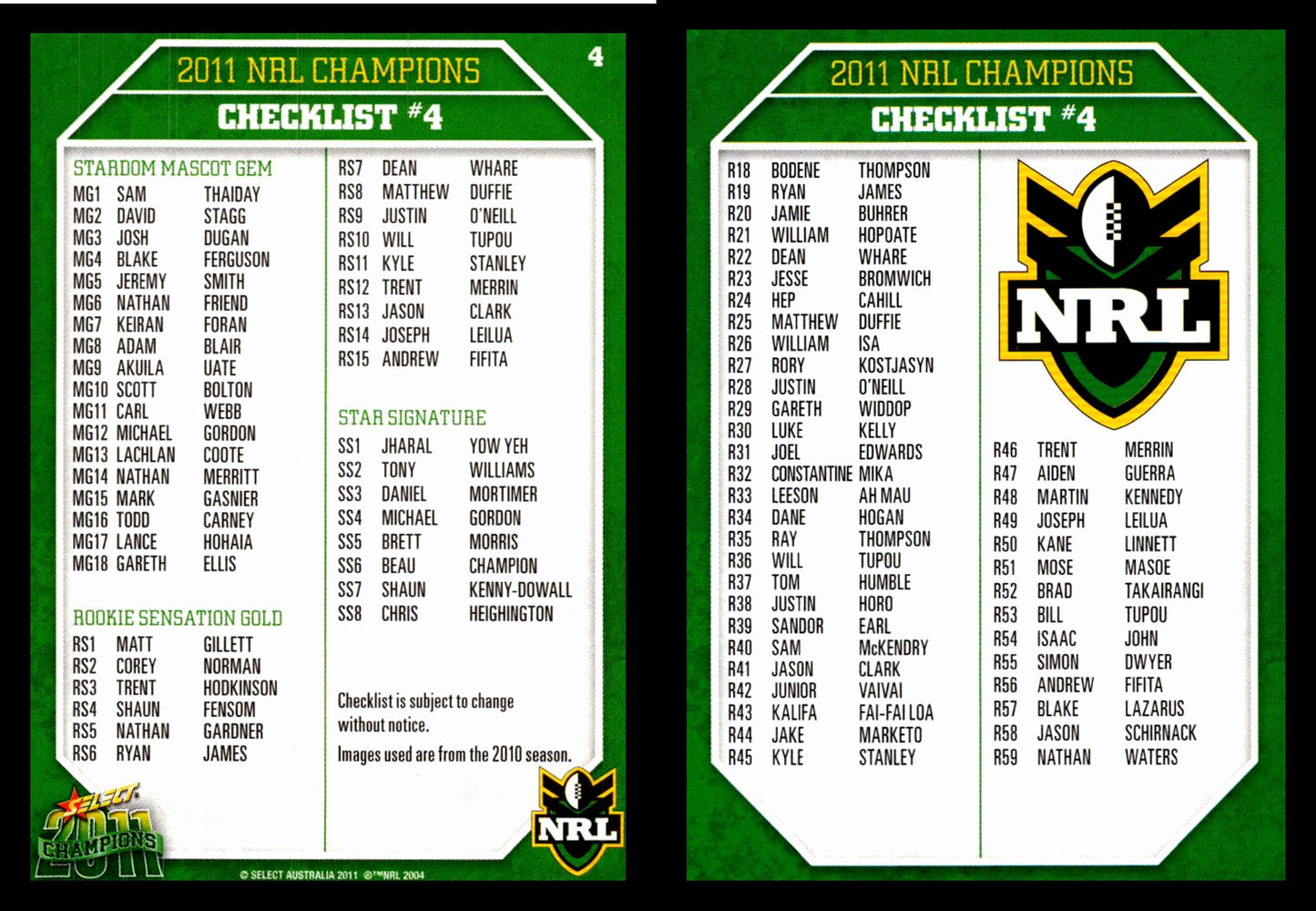 Card # 004 Checklist #4 NRL 2011 Champions