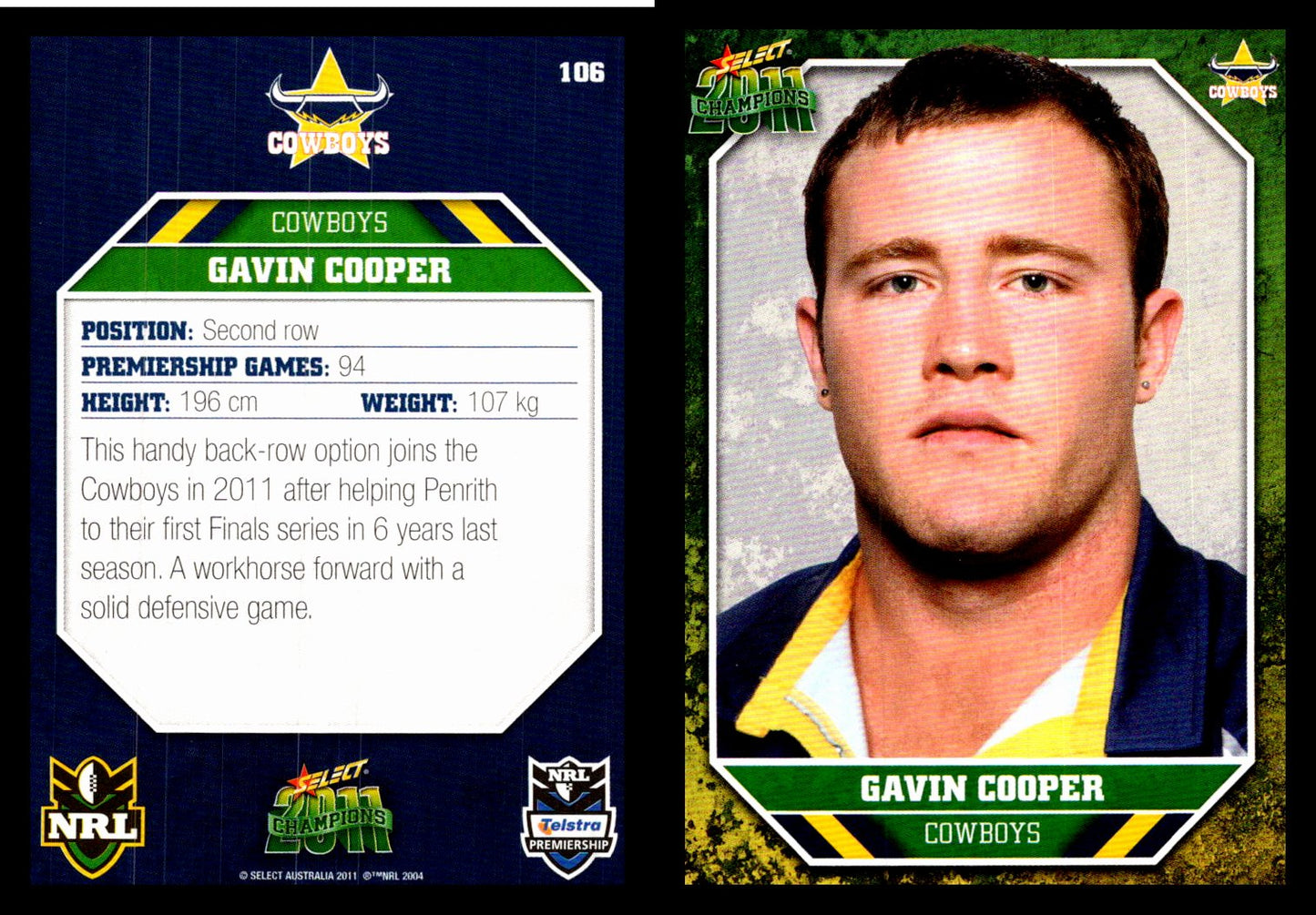 Card # 106 Gavin Cooper NRL 2011 Champions