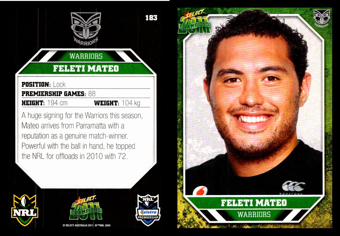 Card # 183 Feleti Mateo NRL 2011 Champions