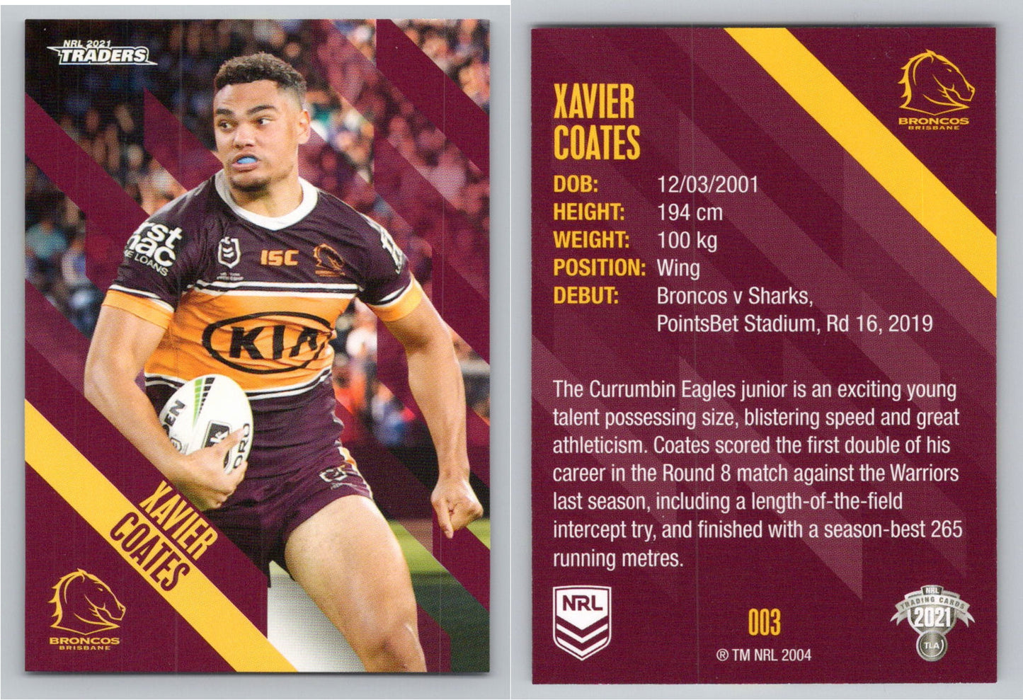 Card # 003 Xavier Coates NRL 2021 Traders Broncos