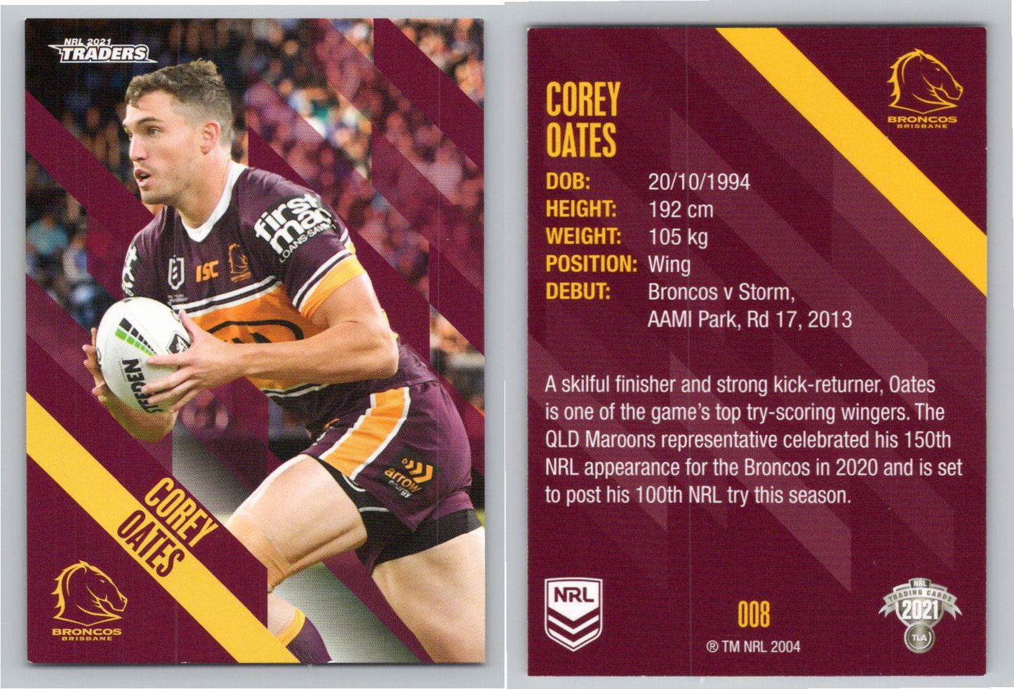 Card # 008 Corey Oates NRL 2021 Traders Broncos