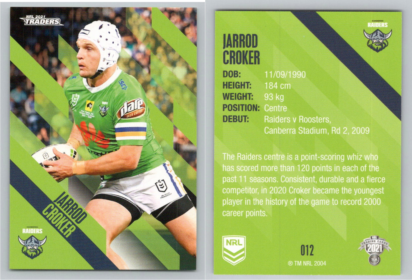 Card # 012 Jarrod Croker NRL 2021 Traders Raiders