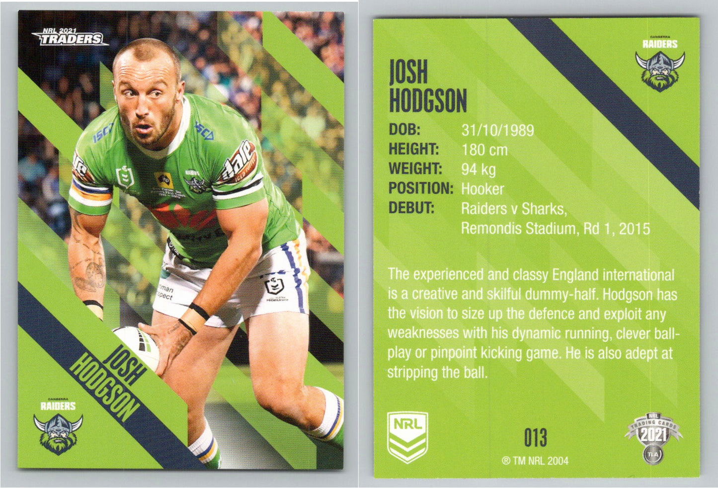 Card # 013 Josh Hodgson NRL 2021 Traders Raiders