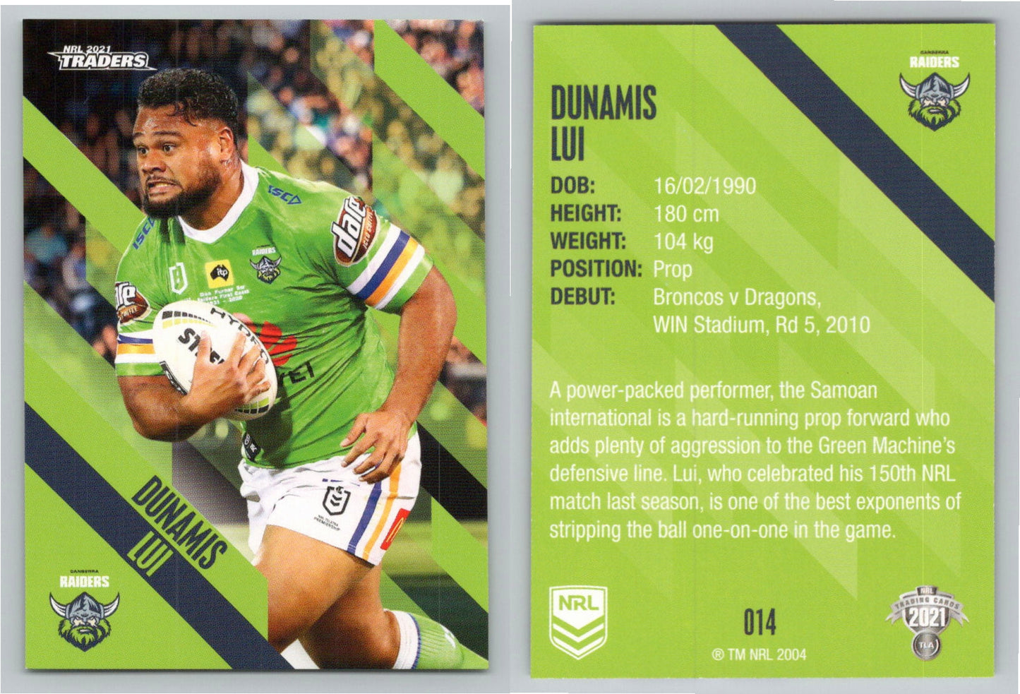 Card # 014 Dunamis Lui NRL 2021 Traders Raiders