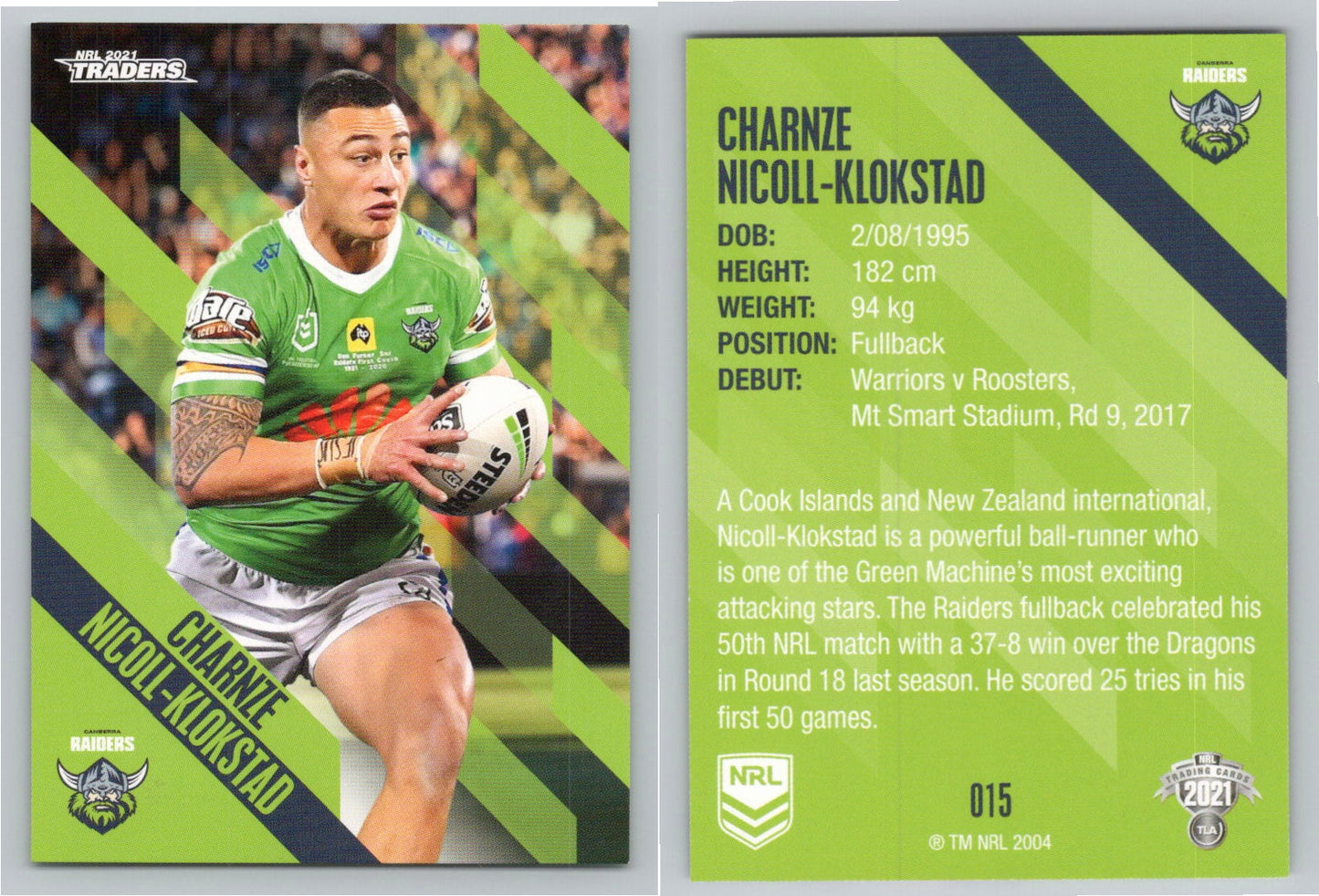 Card # 015 Charnze Nicoll-Klokstad NRL 2021 Traders Raiders