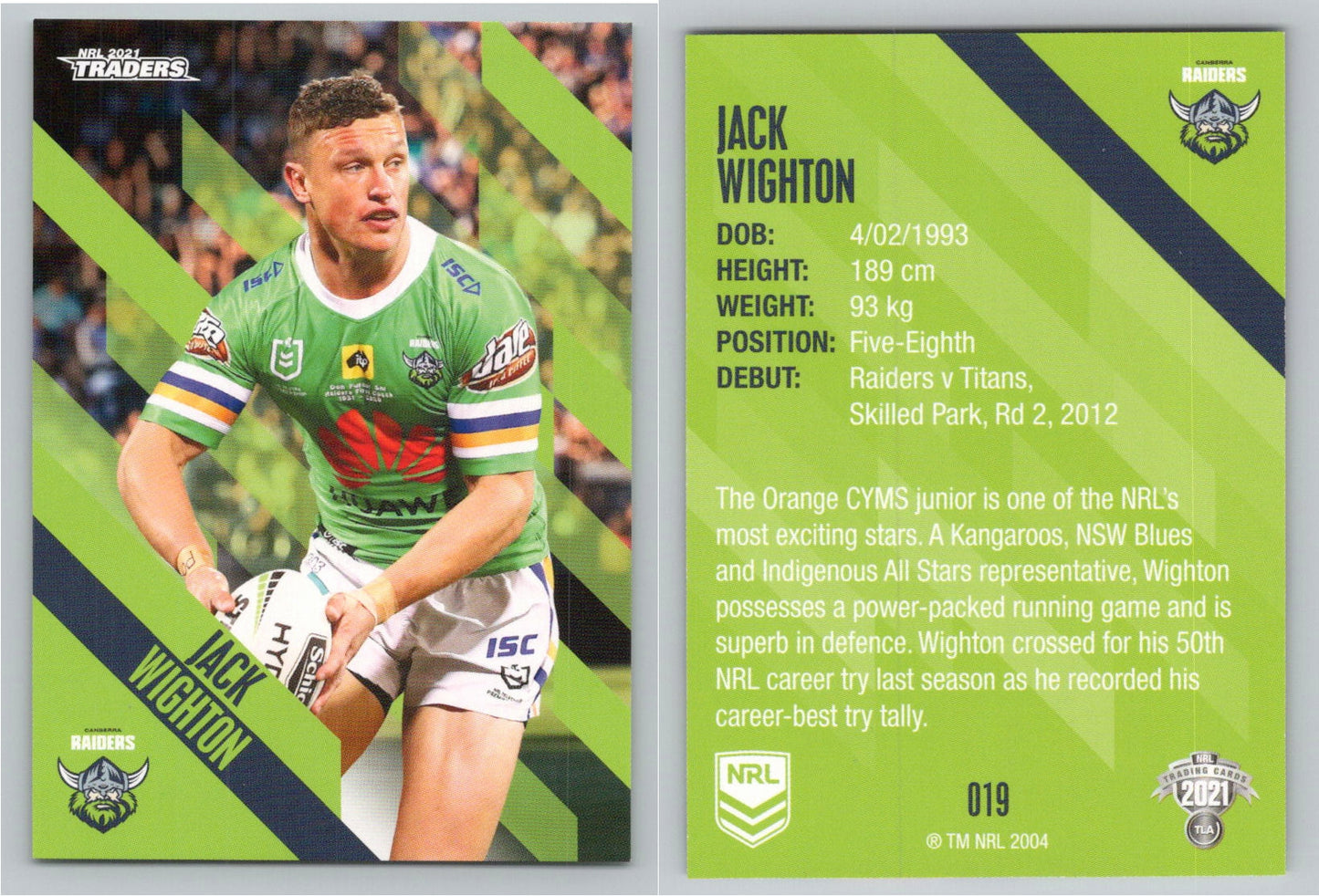 Card # 019 Jack Wighton NRL 2021 Traders Raiders