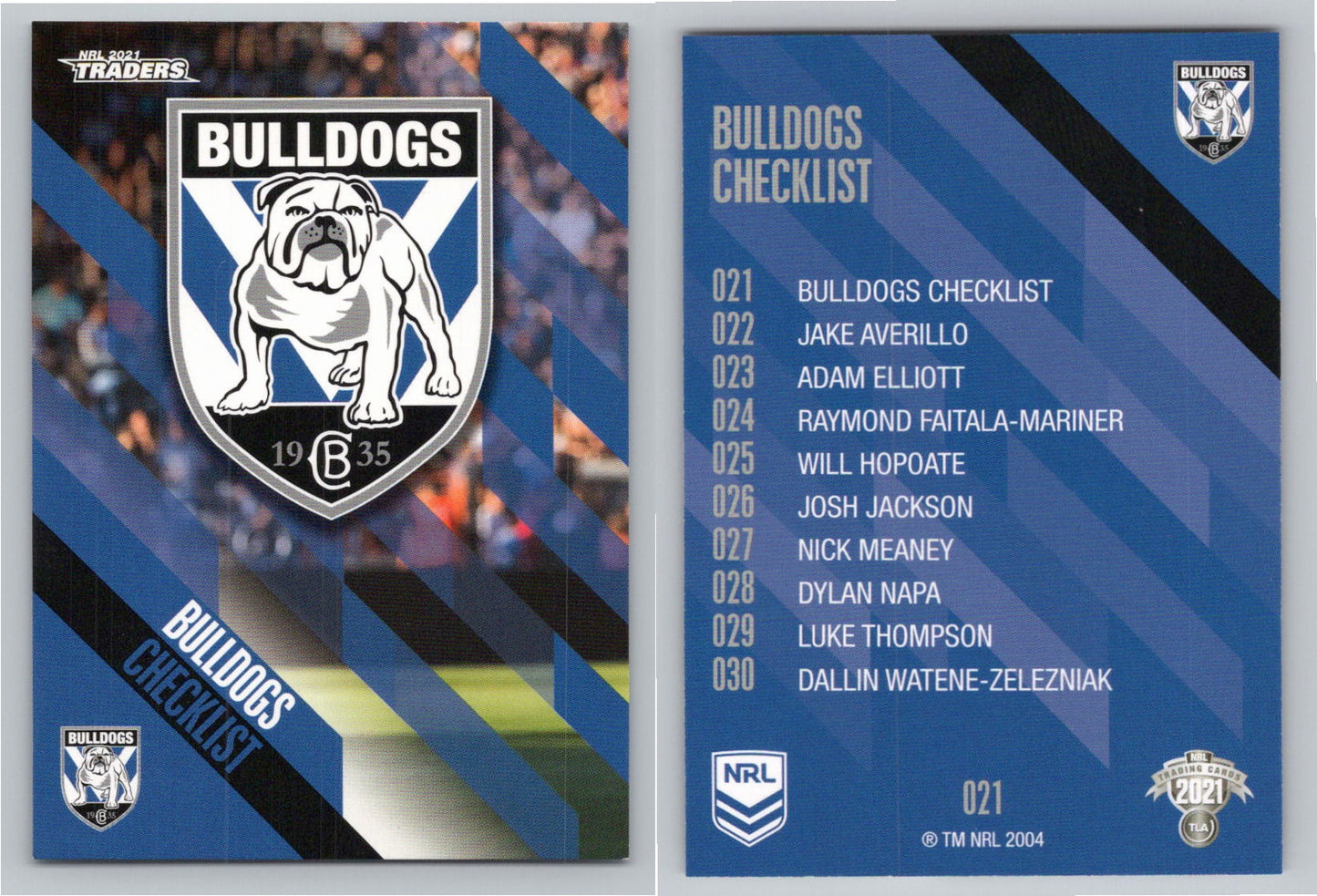 Card # 021 Bulldogs Checklist NRL 2021 Traders Bulldogs