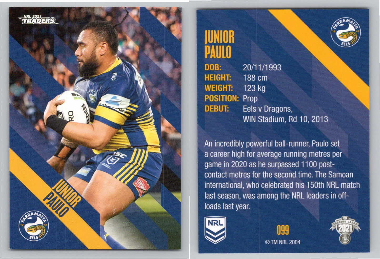 Card # 099 Junior Paulo NRL 2021 Traders Eels
