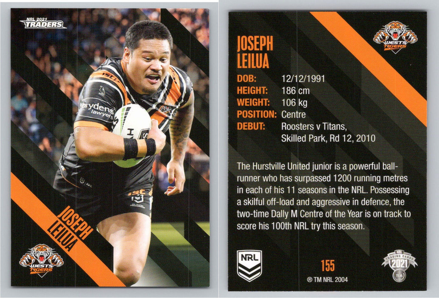 Card # 155 Joseph Leilua NRL 2021 Traders Wests Tigers
