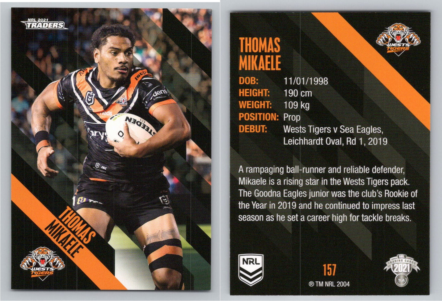 Card # 157 Thomas Mikaele NRL 2021 Traders Wests Tigers
