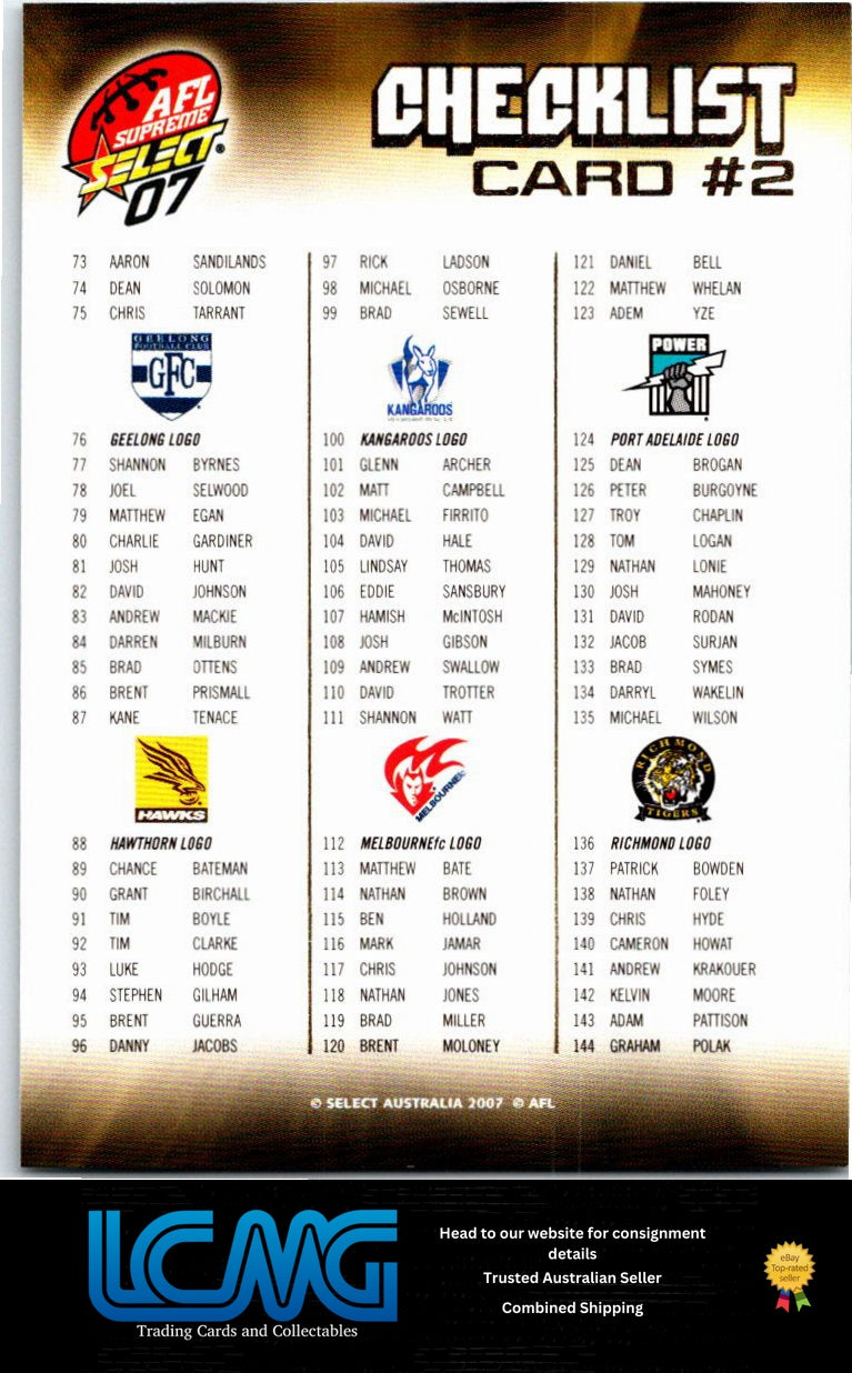 CHECKLIST 2 2007 AFL Supreme 07sup-02