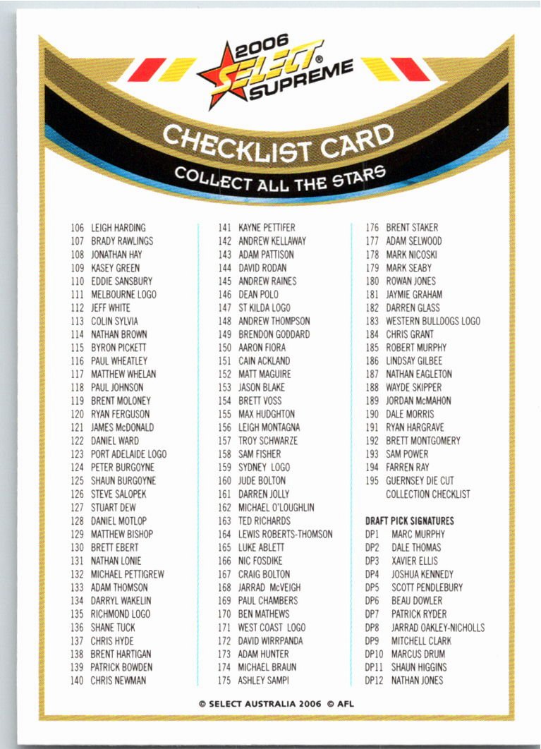 CHECKLIST 2 #2 2006 Select AFL Supreme