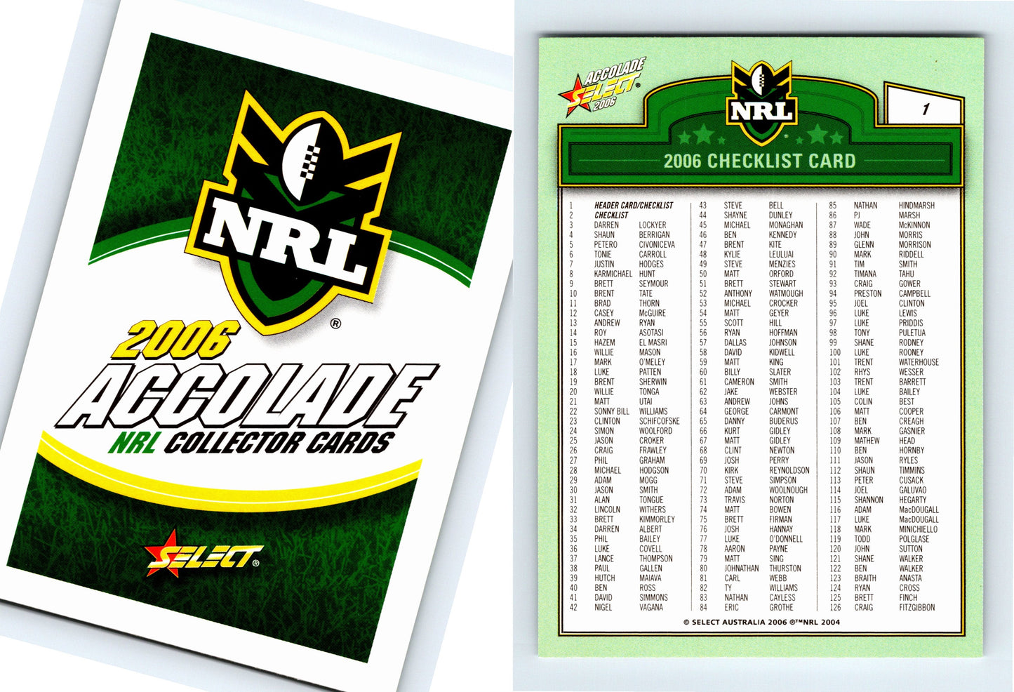 #1 HEADER CARD/CHECKLIST 2006 Select NRL Accolade