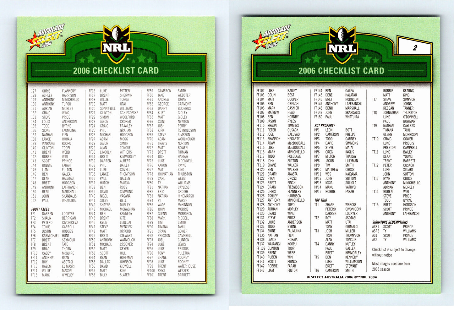 #2 CHECKLIST 2006 Select NRL Accolade