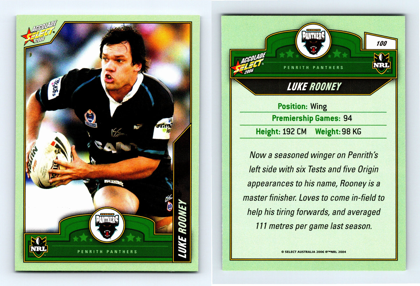 #100 LUKE ROONEY 2006 Select NRL Accolade