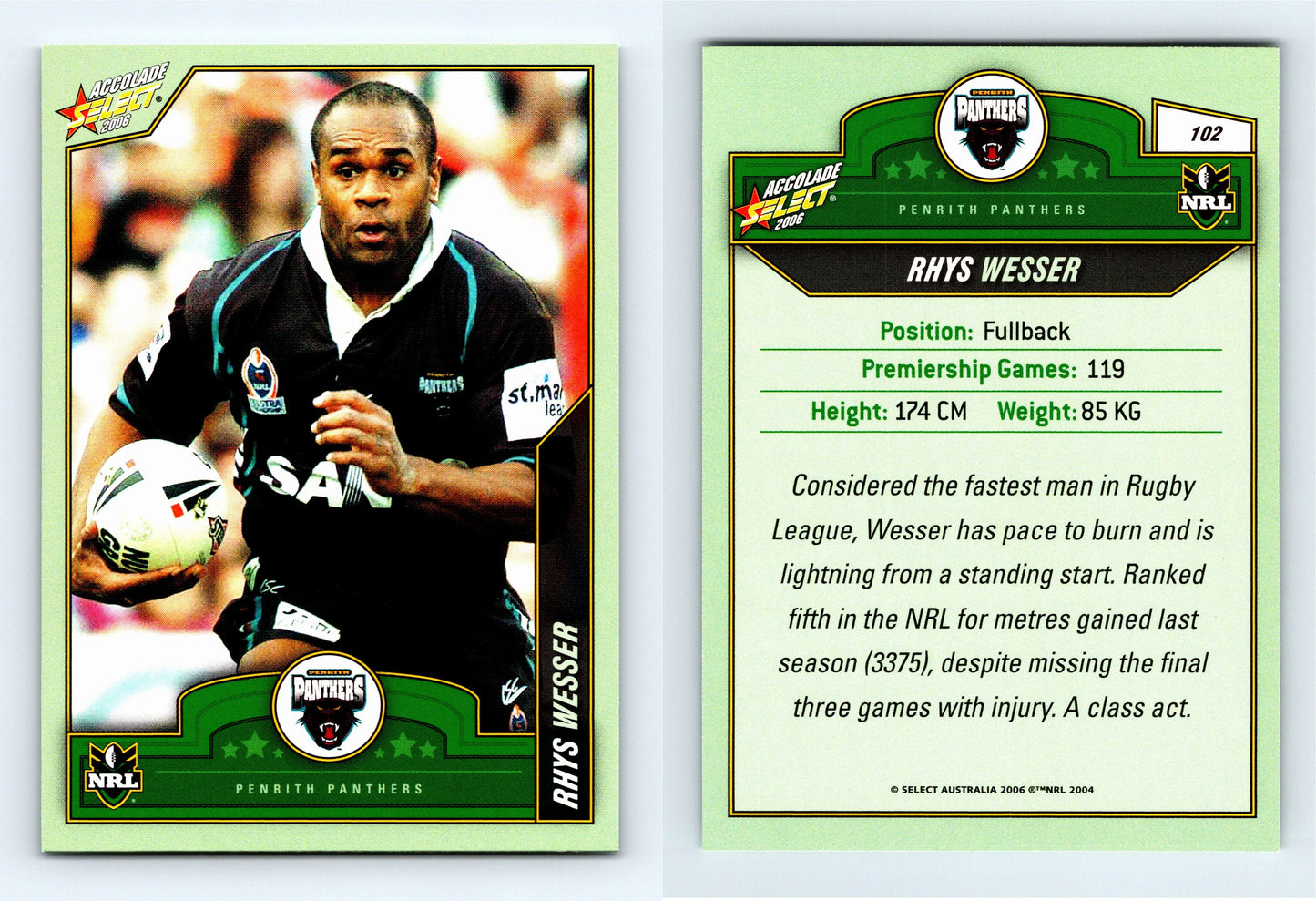 #102 RHYS WESSER 2006 Select NRL Accolade