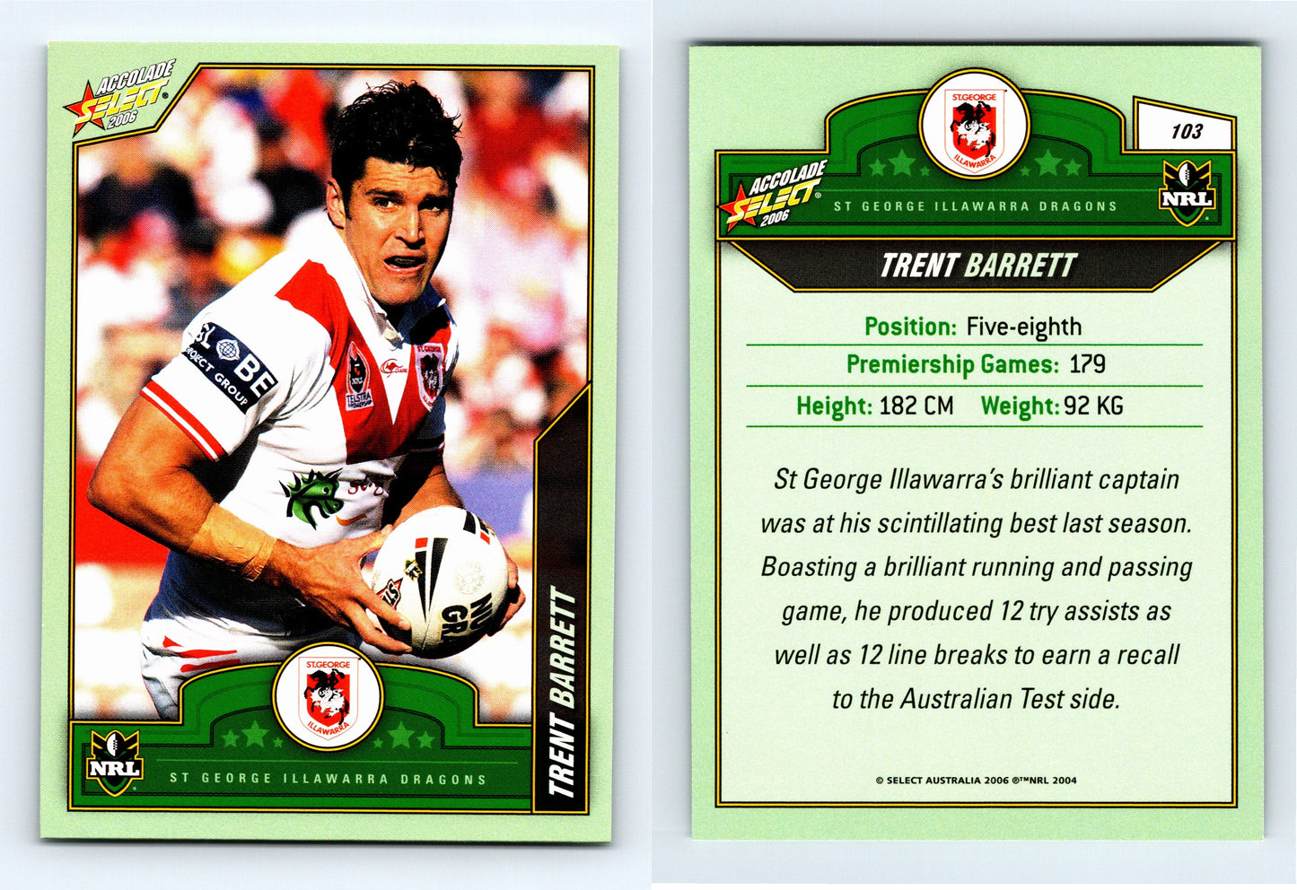 #103 TRENT BARRETT 2006 Select NRL Accolade