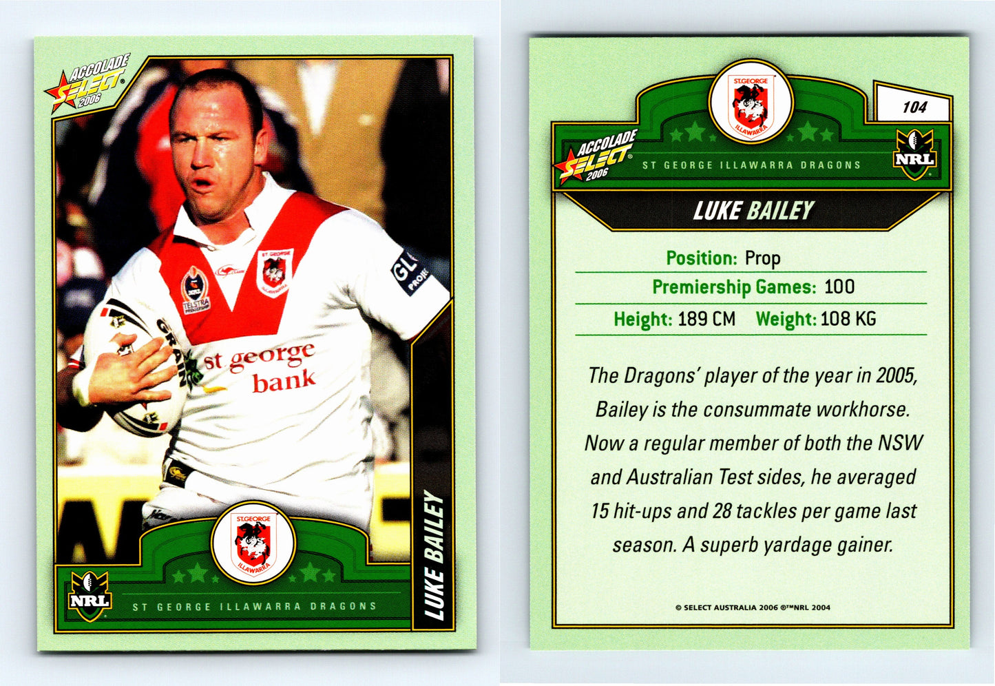 #104 LUKE BAILEY 2006 Select NRL Accolade