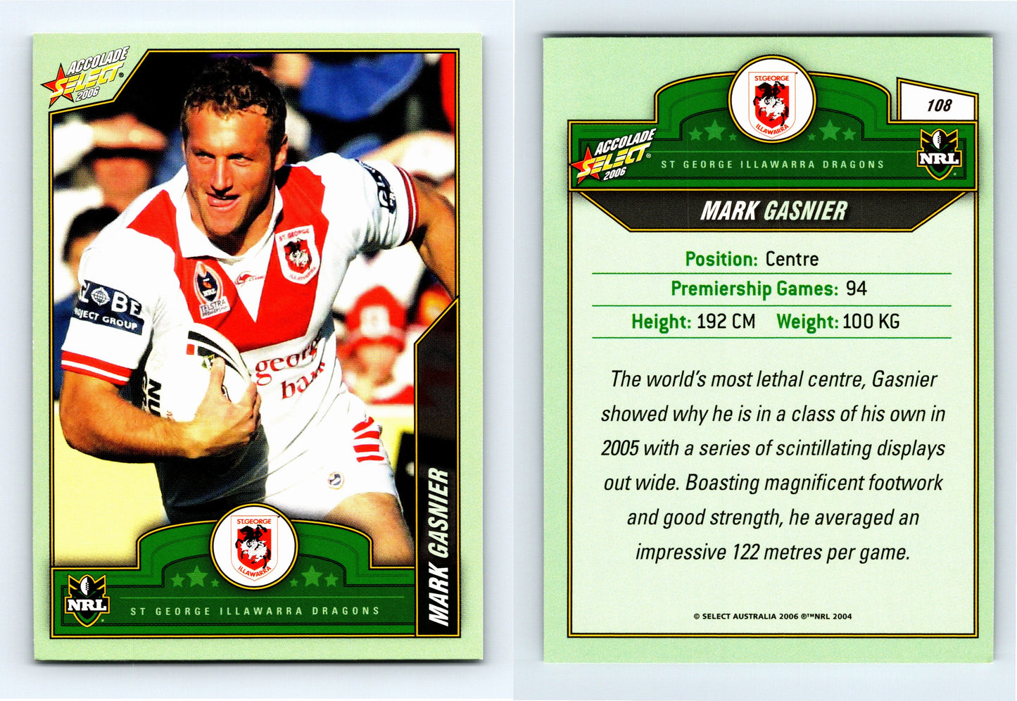 #108 MARK GASNIER 2006 Select NRL Accolade