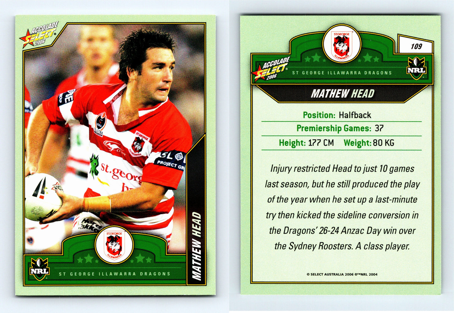 #109 MATHEW HEAD 2006 Select NRL Accolade