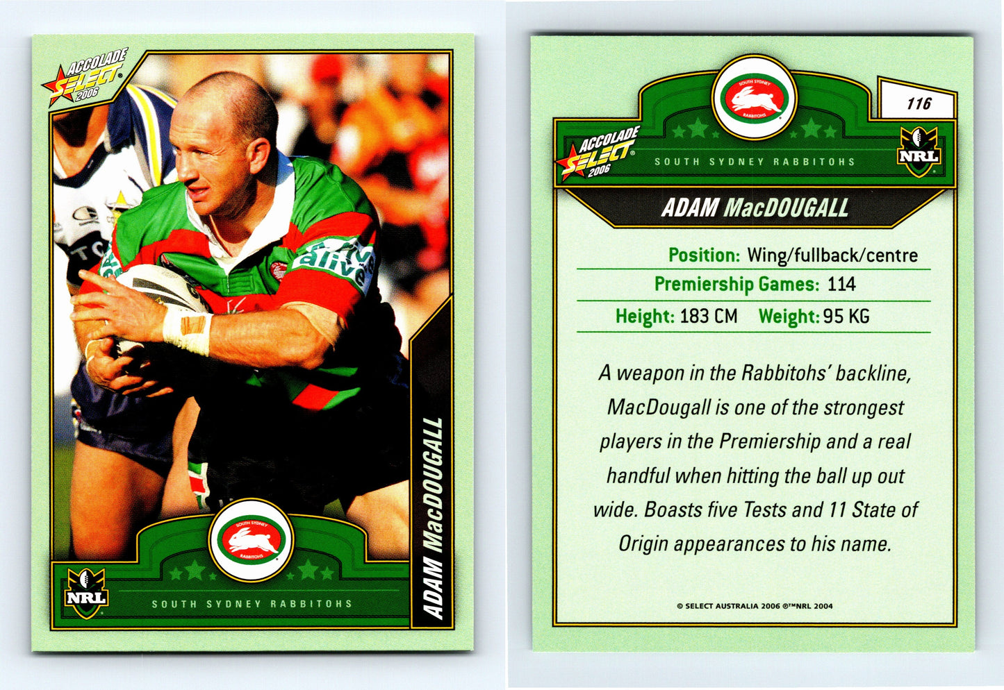 #116 ADAM MacDOUGALL 2006 Select NRL Accolade