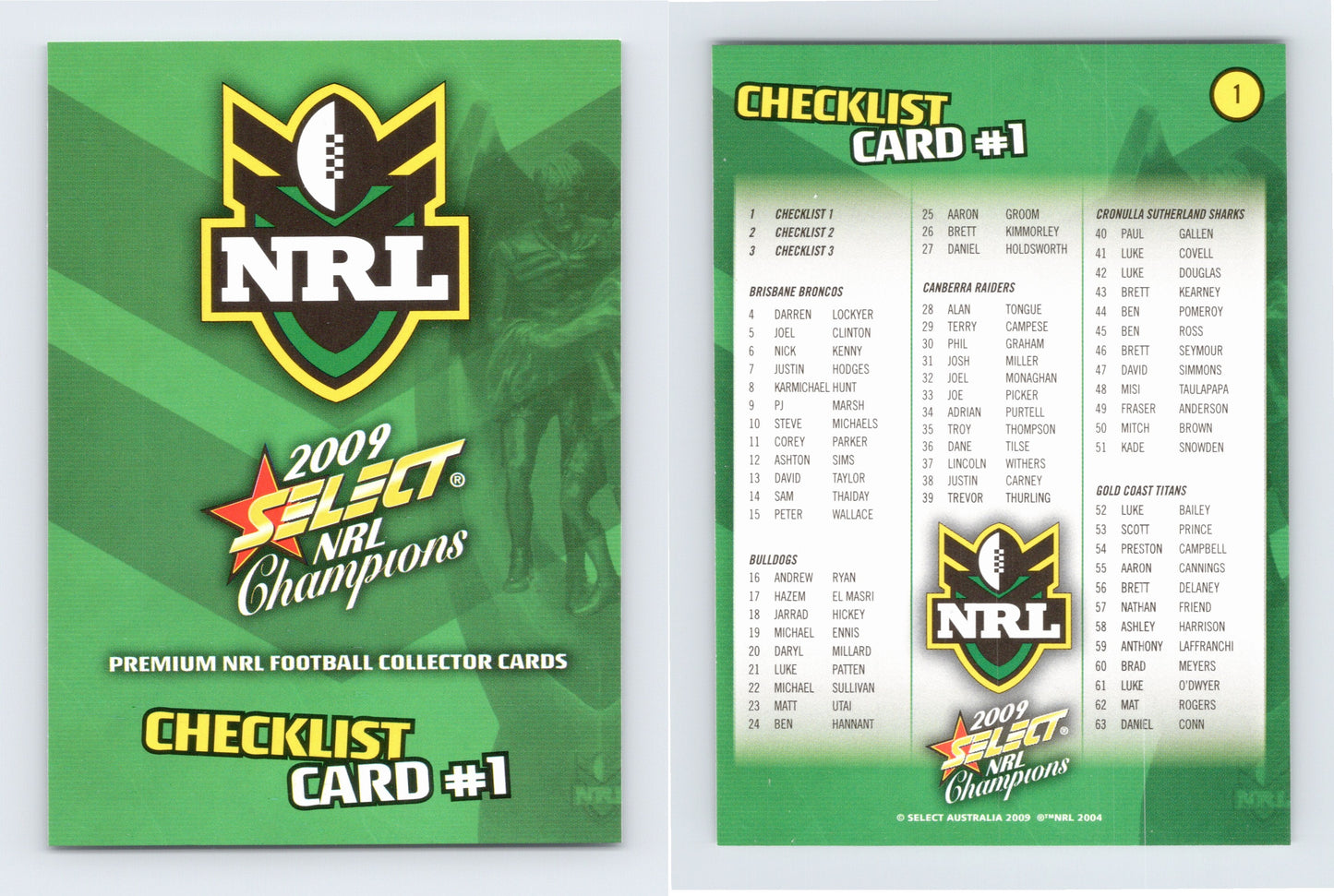 # 1 CHECKLIST 1 2009 Select NRL Champions