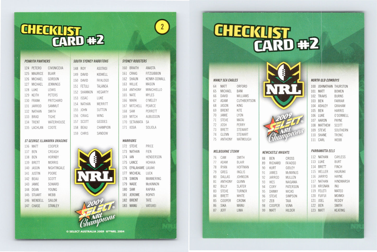#2 CHECKLIST 2 2009 Select NRL Champions