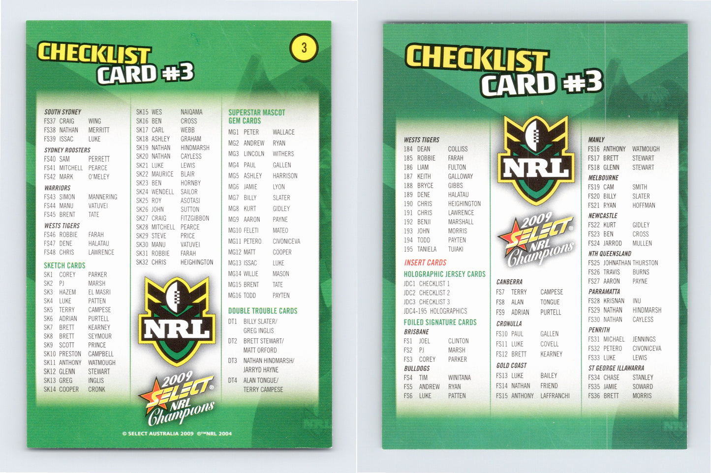 #3 CHECKLIST 3 2009 Select NRL Champions