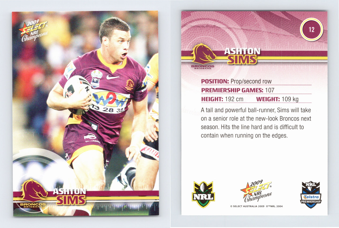 #12 ASHTON SIMS 2009 Select NRL Champions