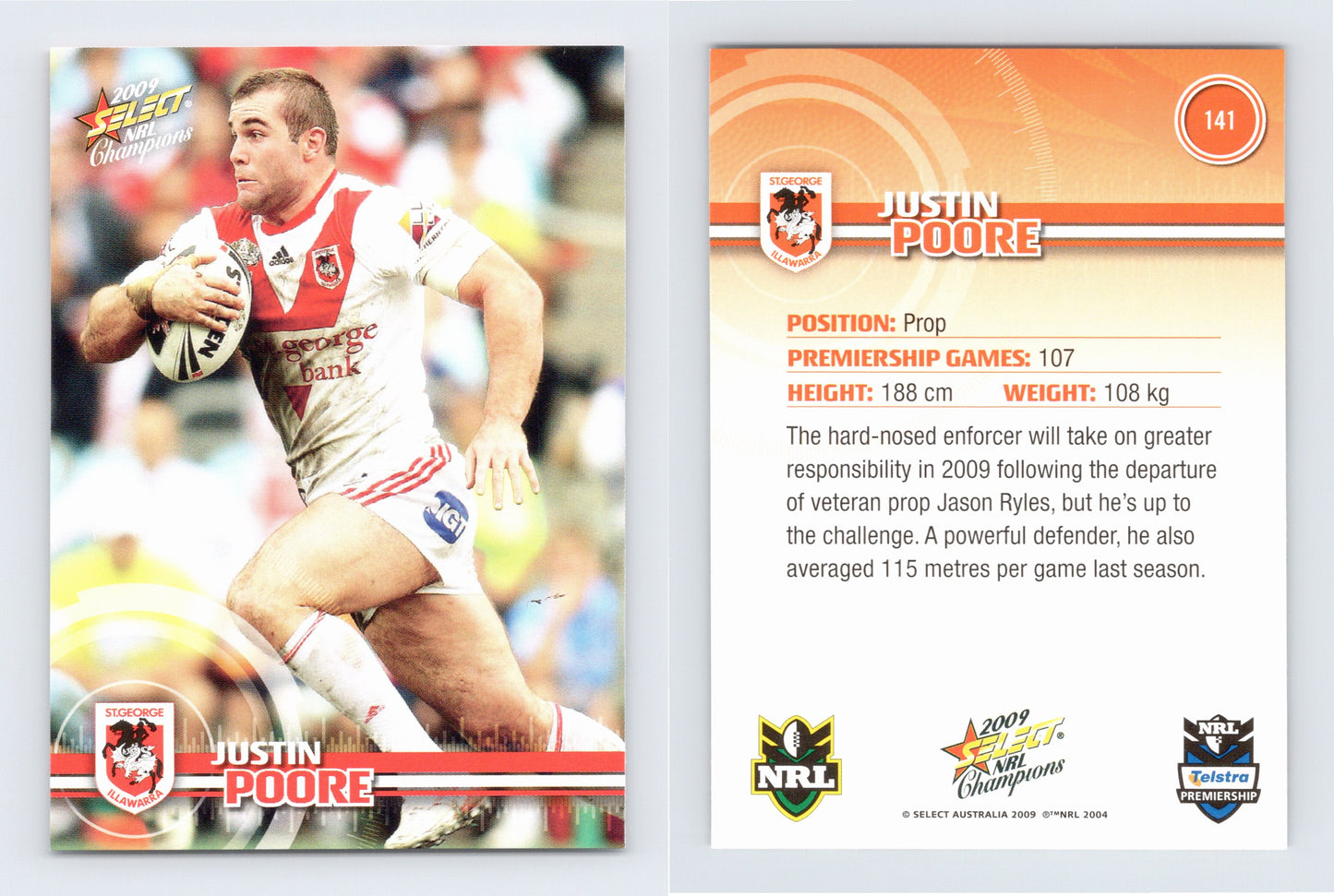 #141 JUSTIN POORE 2009 Select NRL Champions