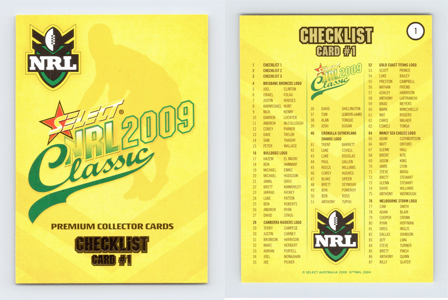 #1 CHECKLIST 1 2009 Select NRL Classic