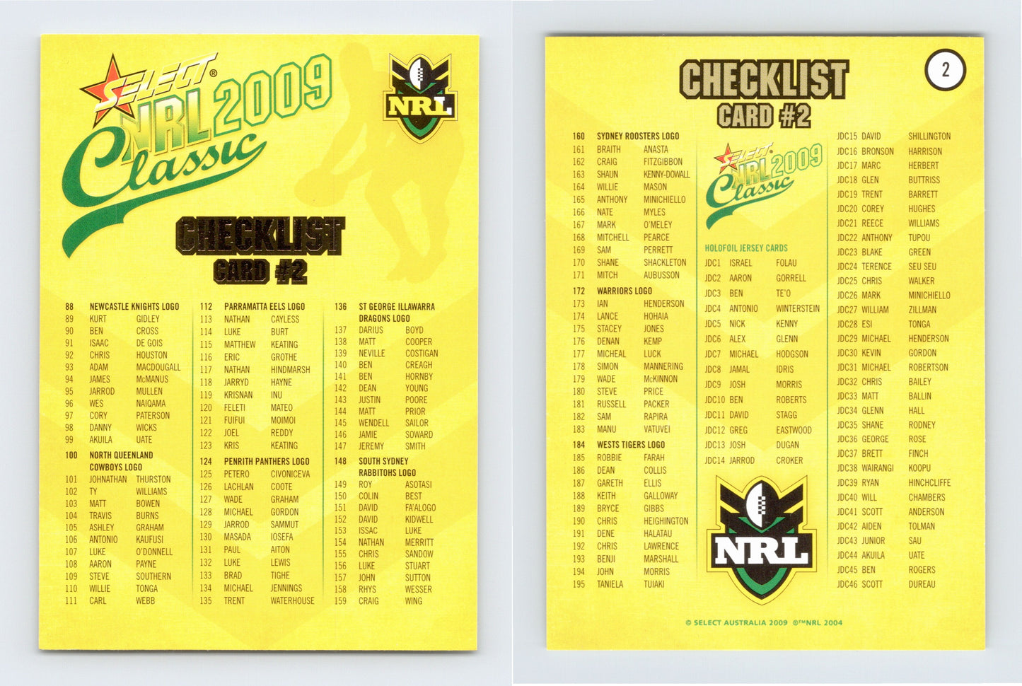 #2 CHECKLIST 2 2009 Select NRL Classic