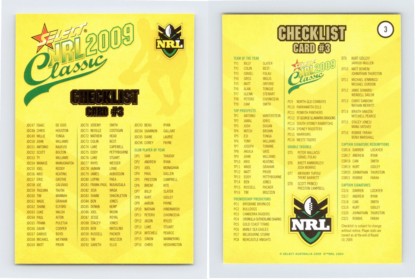#3 CHECKLIST 3 2009 Select NRL Classic