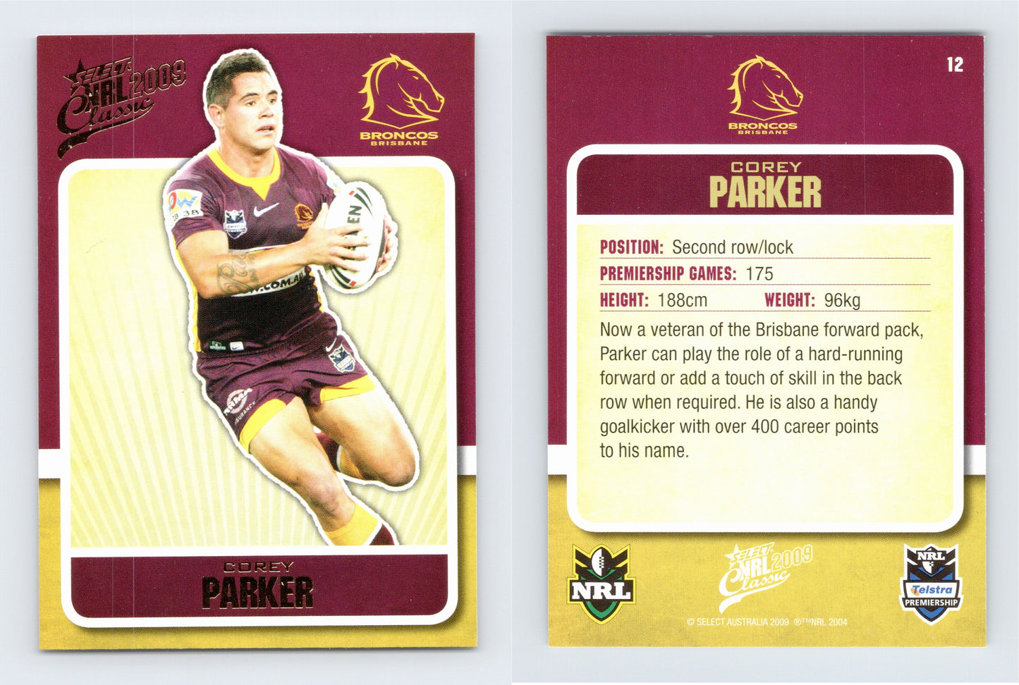 #12 COREY PARKER 2009 Select NRL Classic
