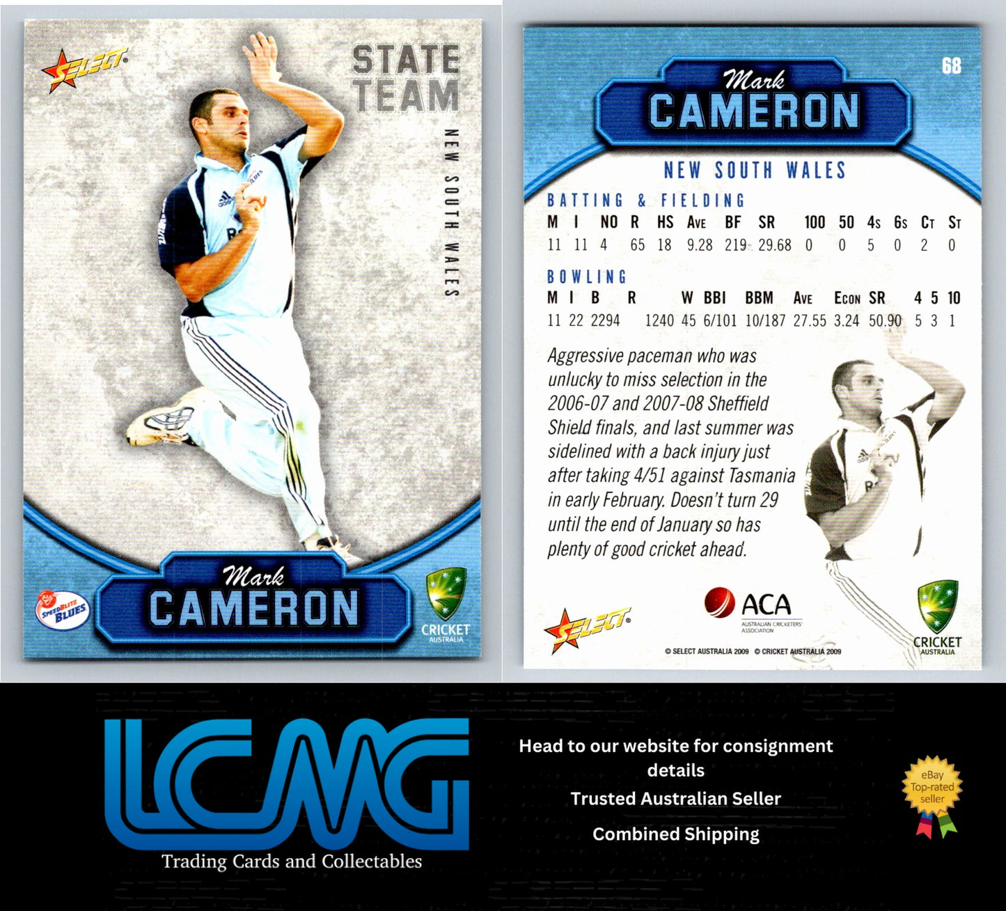 Select Cricket 2009 2010 Card # 68 Mark Cameron