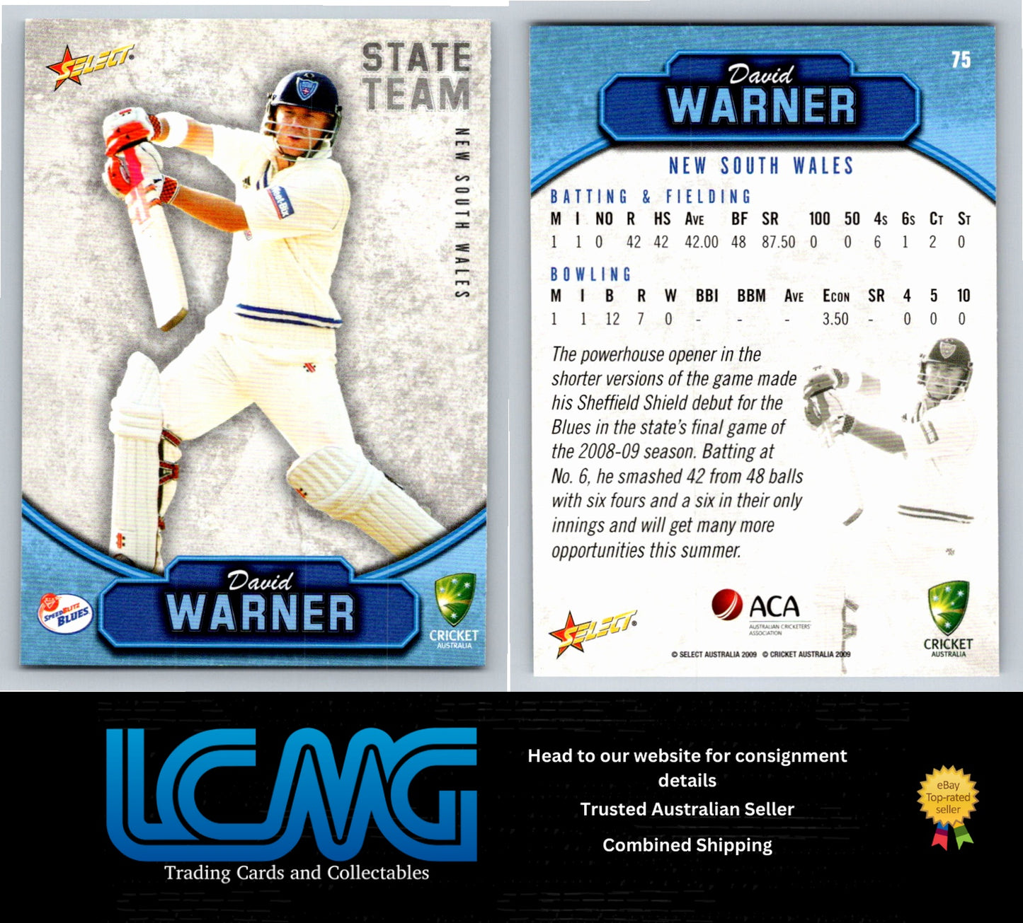 Select Cricket 2009 2010 Card # 75 David Warner
